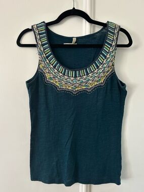 Anthropologie Embroidered Scoop Neck Tank Top - Teal